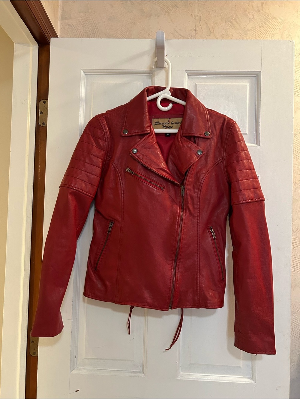 Classic Red Leather Moto Jacket — Women's